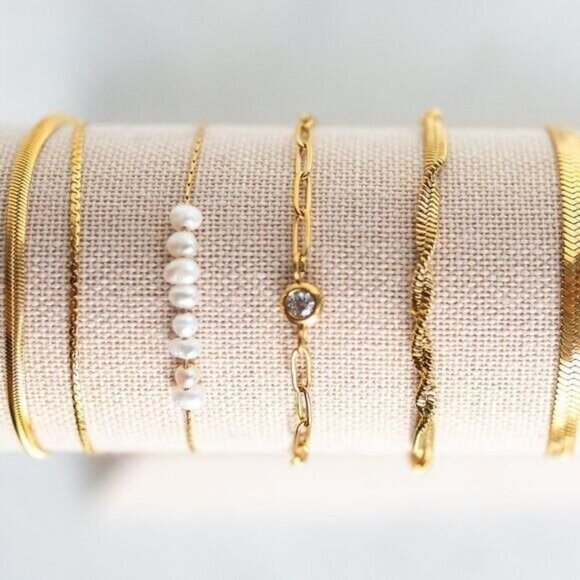 Dainty Pearl Bracelet Baroque Pearl Bracelet Gold Non-Tarnish Chain Bracelet - Picture 3 of 15